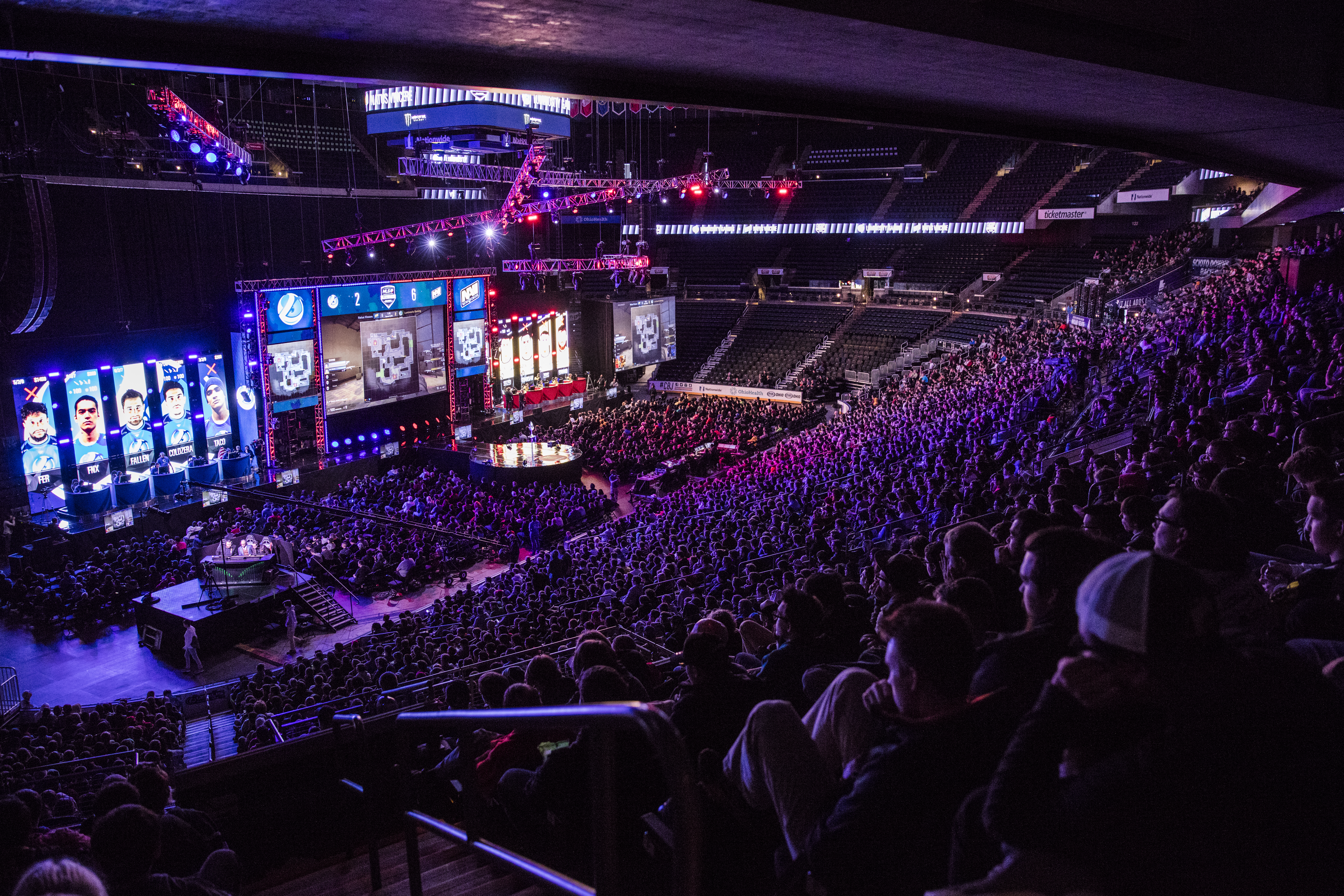 Competitors playing on stage during a live tournament