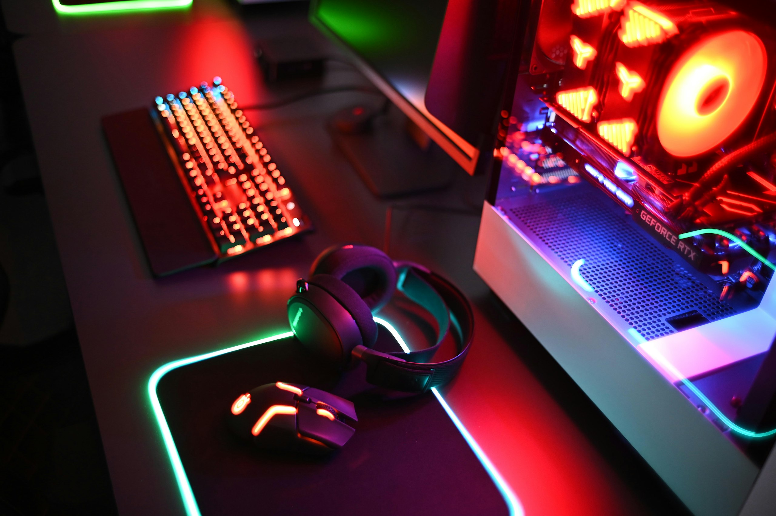 Neon-lit gaming room set up for content creation