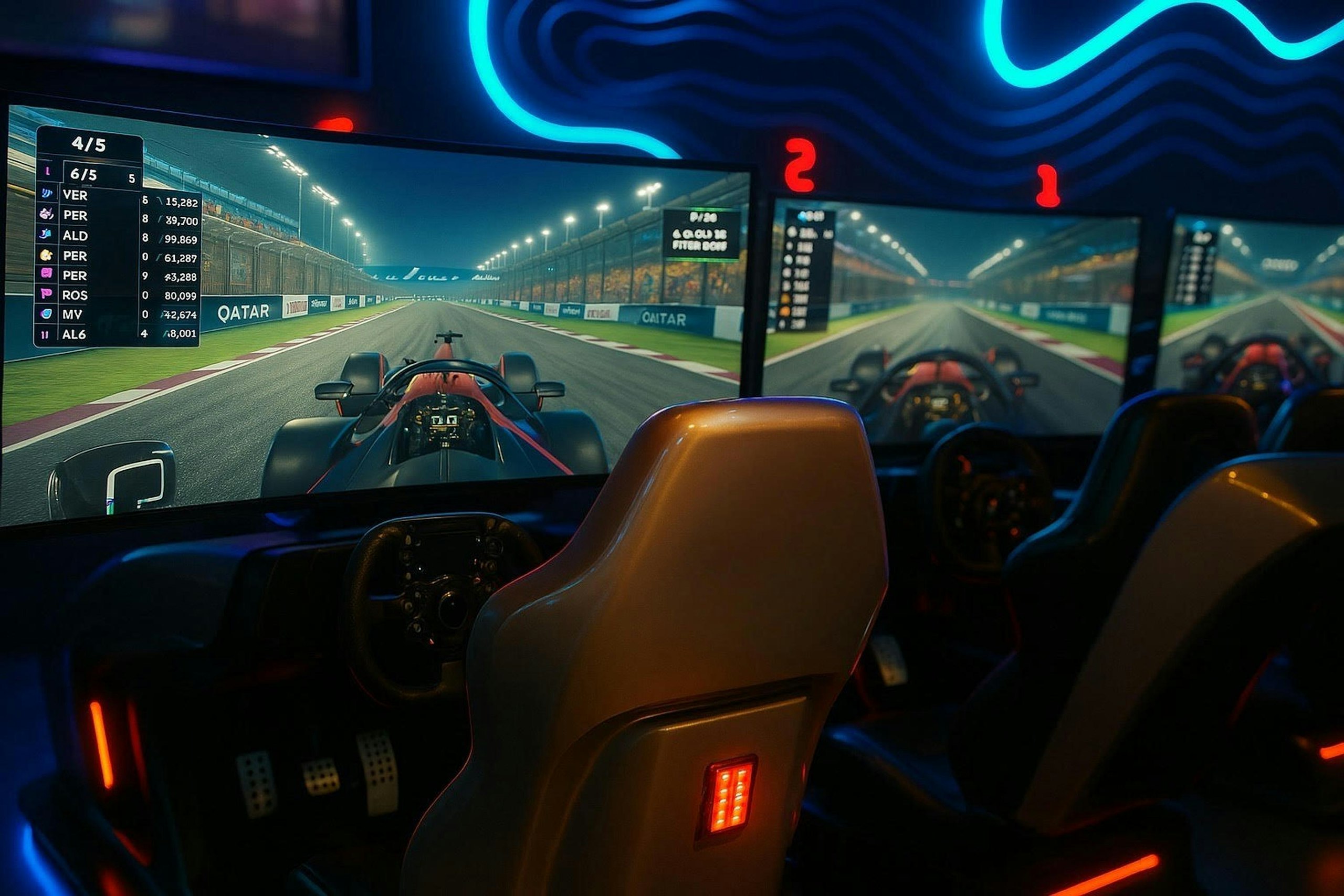 Row of racing simulator rigs ready for a session